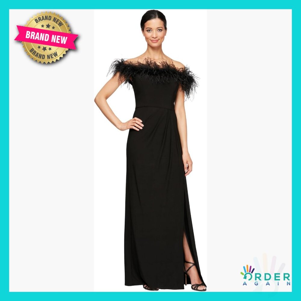 Elegant Off Shoulder Formal Gown With Front Slit Maribou Detail Party Dress